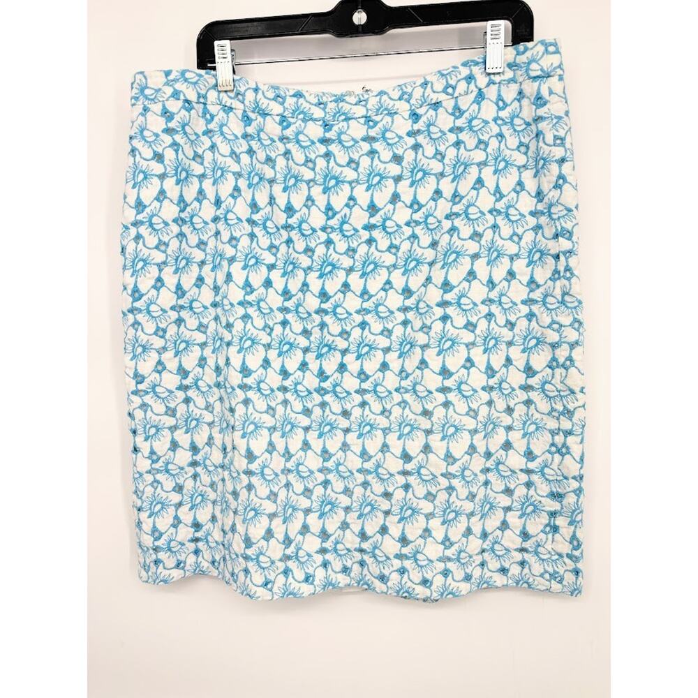 Talbots Skirt Size 16 White Blue Linen Floral‎ Embroidered Eyelet Romantic Fairy
